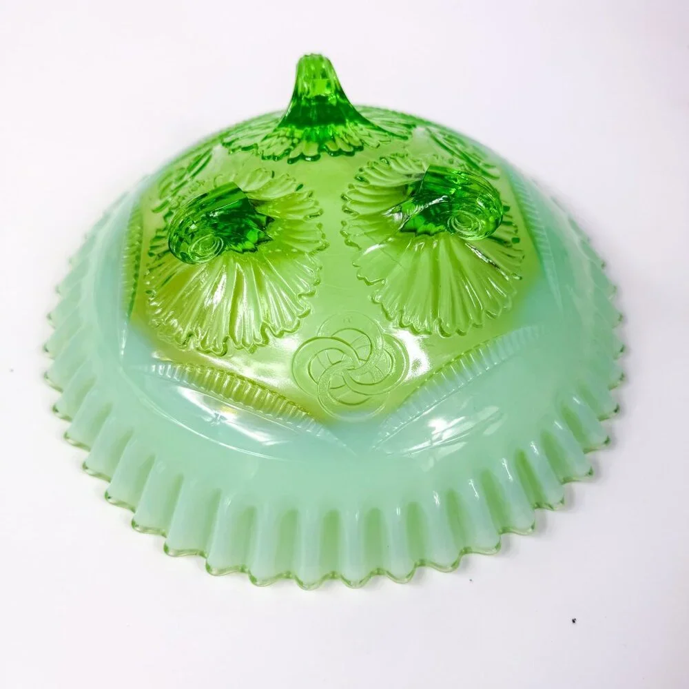 Jefferson Glass Green Opalescent Ruffles and Rings 3 Footed Bowl # 208